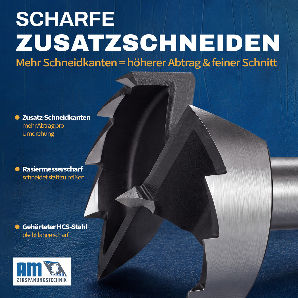 Nahaufnahme eines Forstnerbohrers mit scharfen Zusatzschneiden für saubere und präzise Bohrungen.