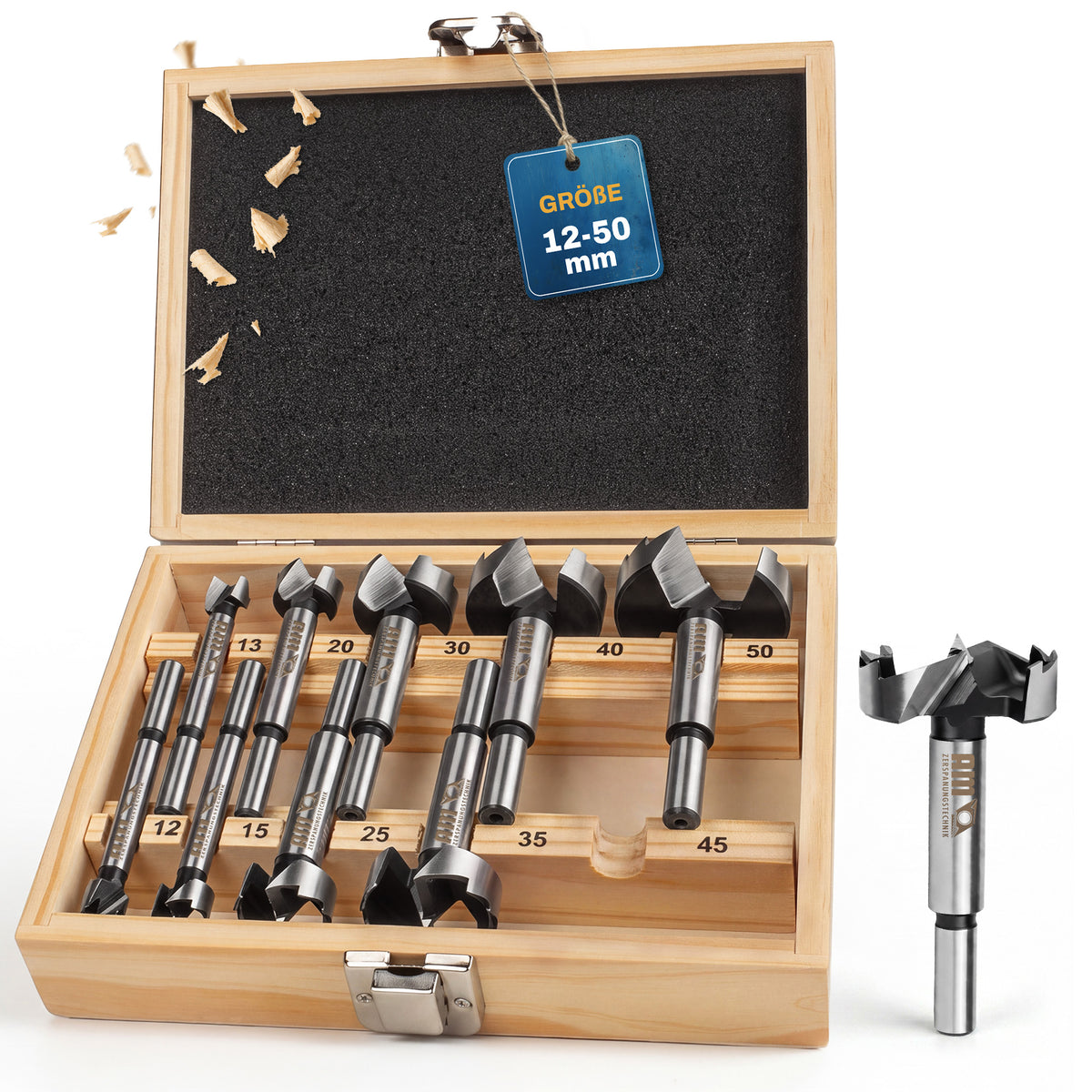 Forstnerbohrer-Set 12–50 mm von AM-Zerspanungstechnik in Holzbox mit zehn Bohrern und einzeln dargestelltem Forstnerbohrer.
