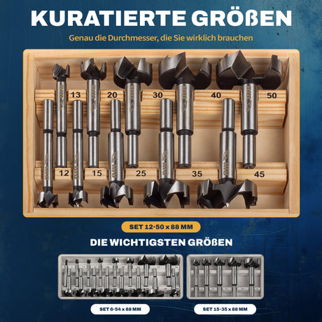 Forstnerbohrer-Set 12–50 mm mit zehn abgestuften Größen für typische Bohrarbeiten in Holz.