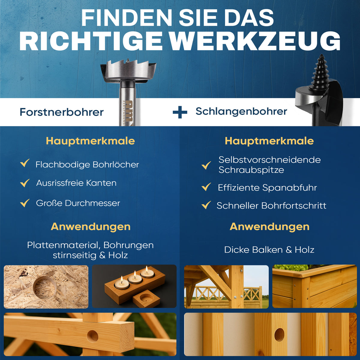 Vergleich von Forstnerbohrer und Schlangenbohrer mit Hauptmerkmalen und typischen Anwendungen in Holz.