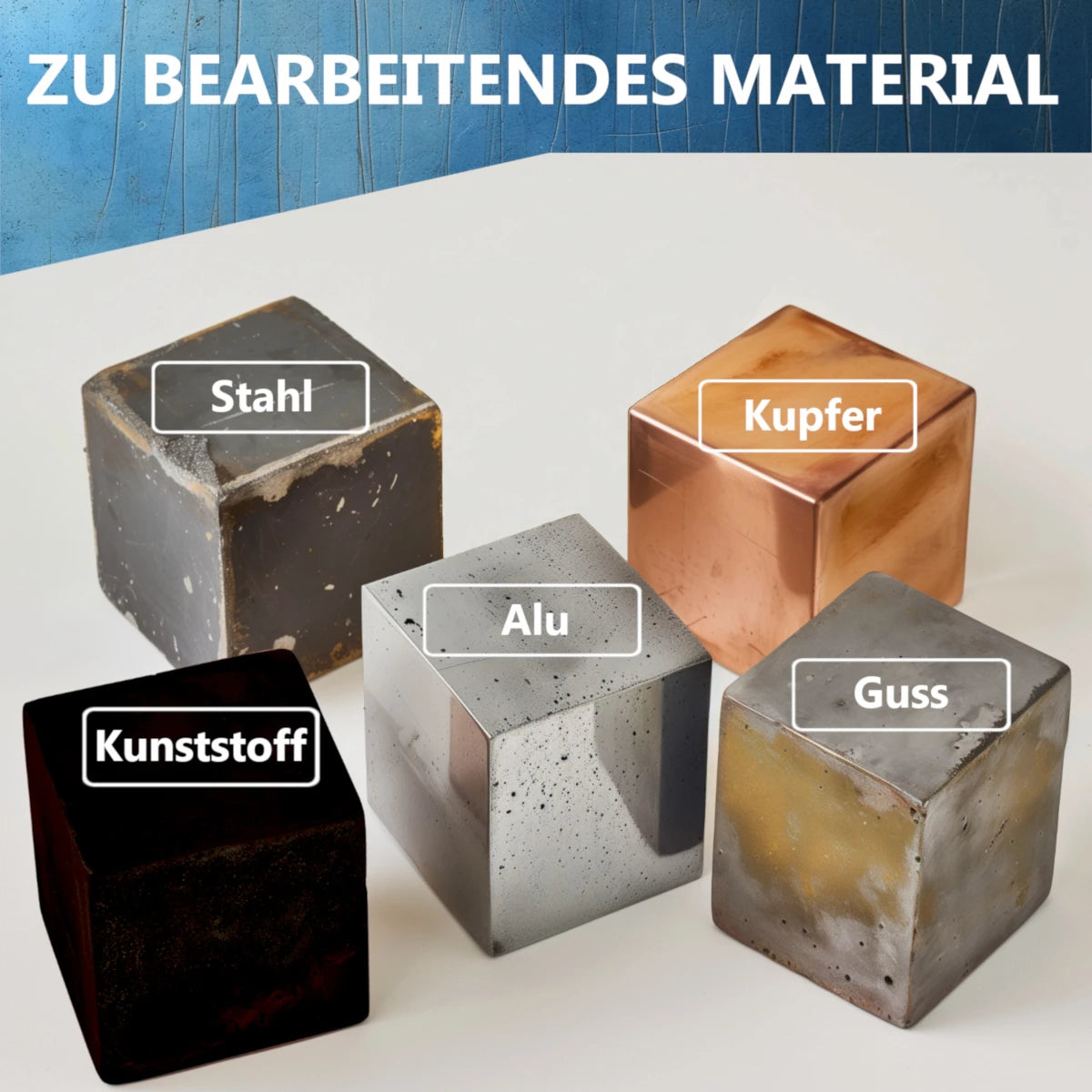 Übersicht der bearbeitbaren Materialien wie Stahl, Aluminium, Kupfer, Edelstahl und Kunststoff.
