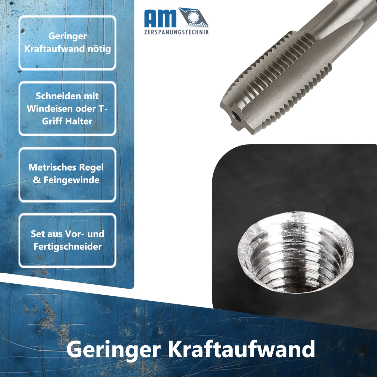 Nahaufnahme des Fertigschneiders von AM-Zerspanungstechnik für das maßhaltige Fertigschneiden des Gewindes.