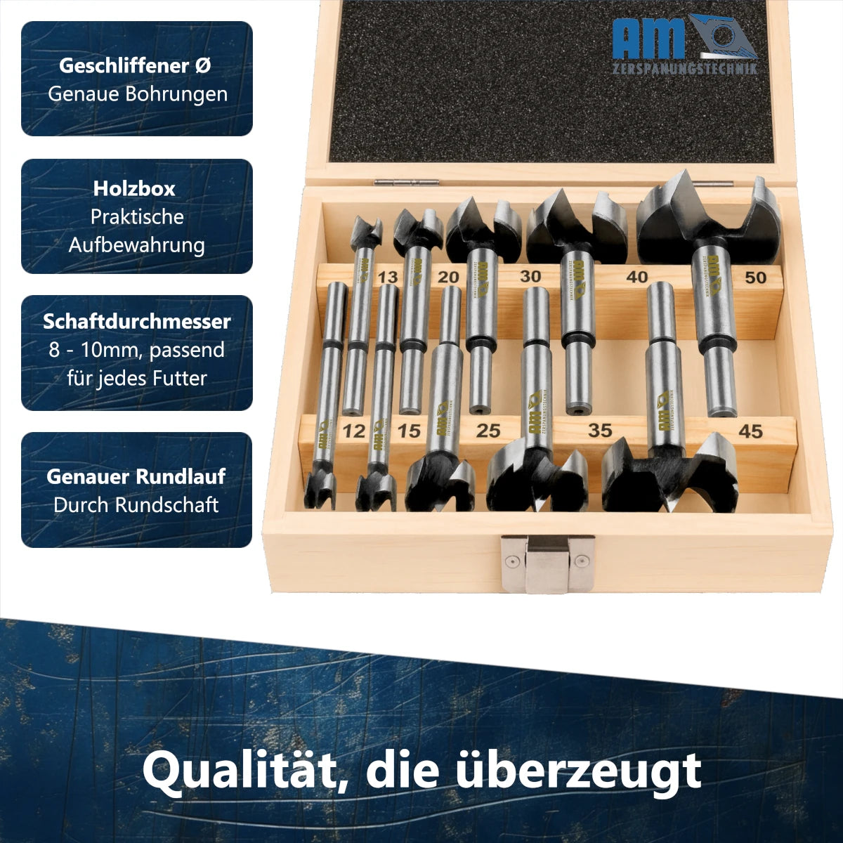 Komplettes Astlochbohrer-Sortiment übersichtlich und sicher gelagert in der Holzbox.