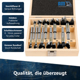 Komplettes Astlochbohrer-Sortiment übersichtlich und sicher gelagert in der Holzbox.