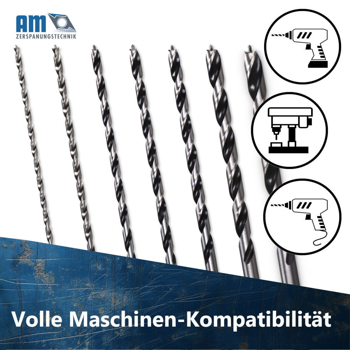 Anzuwendende Maschinen der AM-Zerspanungstechnik Holzspiralbohrer mit 230 mm Gesamtlänge.