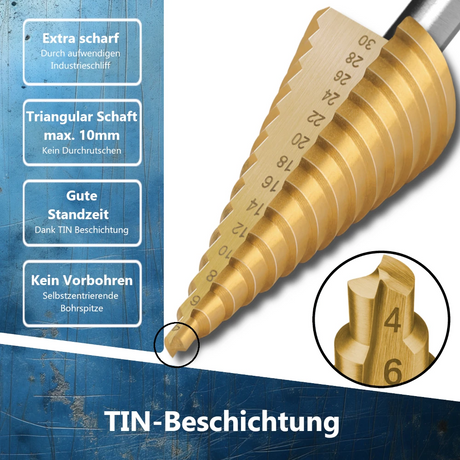 Nahaufnahme der goldenen TiN-Beschichtung für reduzierte Reibung und bessere Standzeit beim Heimwerker-Einsatz.