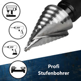 Präziser HSS M2 Spiral-Stufenbohrer für den Einsatz in professionellen Tischbohrmaschinen und kraftvollen Akkuschraubern.