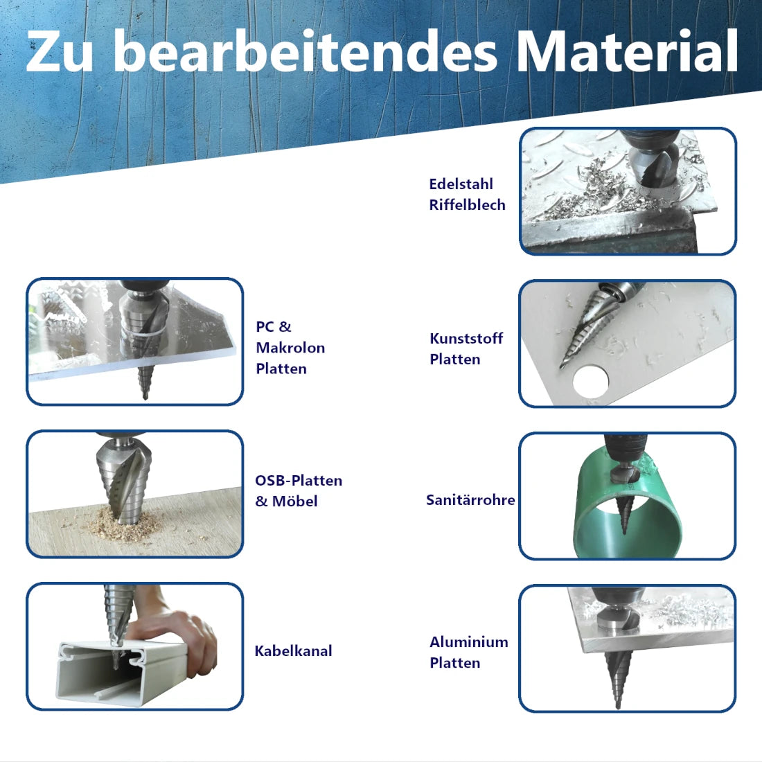 Anwendungsbereiche des HSS M2 Stufenbohrers: Ideal für Bleche, NE-Metalle, Kunststoffe und Holz.