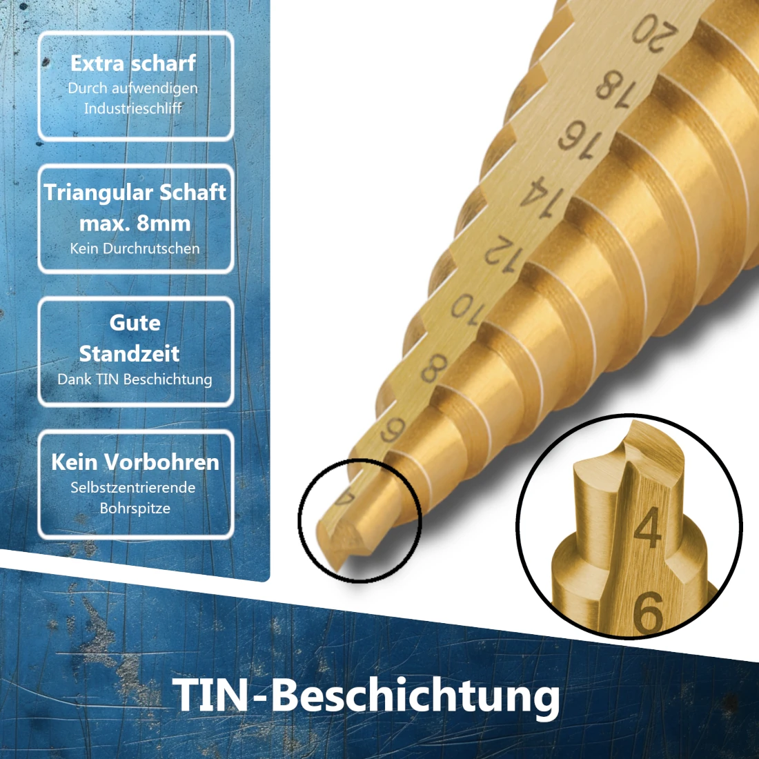 Nahaufnahme der goldenen TiN-Beschichtung am Bohrkopf für verringerte Reibung und längere Standzeiten.