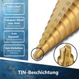 Nahaufnahme der goldenen TiN-Beschichtung am Bohrkopf für verringerte Reibung und längere Standzeiten.