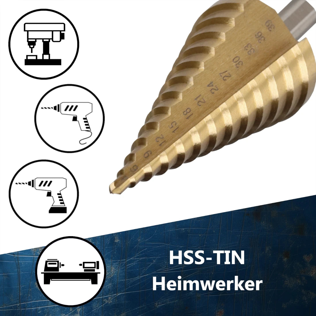 Titanbeschichteter HSS Stufenbohrer für den universellen Einsatz in Akkuschraubern und Tischbohrmaschinen.