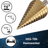 Titanbeschichteter HSS Stufenbohrer für den universellen Einsatz in Akkuschraubern und Tischbohrmaschinen.