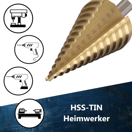 Titanbeschichteter HSS Stufenbohrer für den universellen Einsatz in Akkuschraubern und Tischbohrmaschinen.