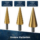 Die drei verschiedenen Ausführungen und Größen des titanbeschichteten HSS-Heimwerker-Stufenbohrer-Sets.