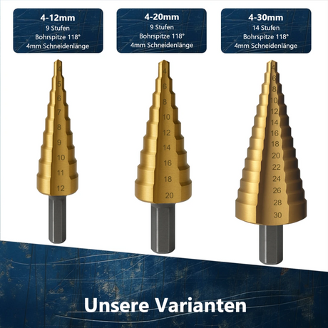 Die drei verschiedenen Ausführungen und Größen des titanbeschichteten HSS-Heimwerker-Stufenbohrer-Sets.