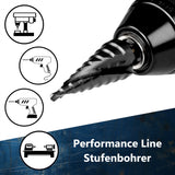 Dunkler HSSE Stufenbohrer aus der Performance Line für maximale Standzeiten bei industriellen Anwendungen.