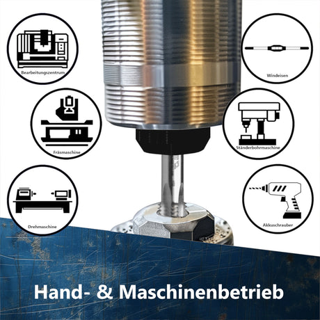 Panzerrohrgewindebohrer Anwendung für Hand- und Maschinenbetrieb mit Icons für Bearbeitungszentrum, Fräsmaschine und Drehmaschine