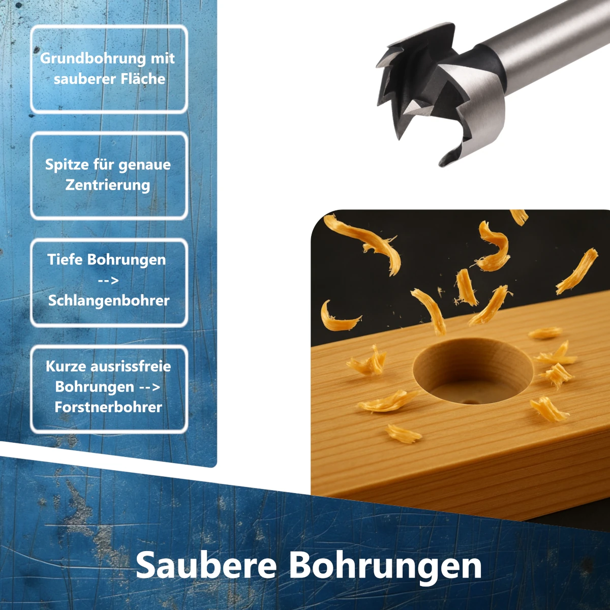 Gezahnter Forstnerbohrerkopf mit Zentrierspitze für punktgenaues Anbohren ohne Ausreißen.