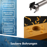 Gezahnter Forstnerbohrerkopf mit Zentrierspitze für punktgenaues Anbohren ohne Ausreißen.