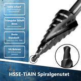 Detailansicht der Spiralnut des HSSE-TiAlN Stufenbohrers für optimalen Spanabtransport und schnellen Bohrfortschritt.