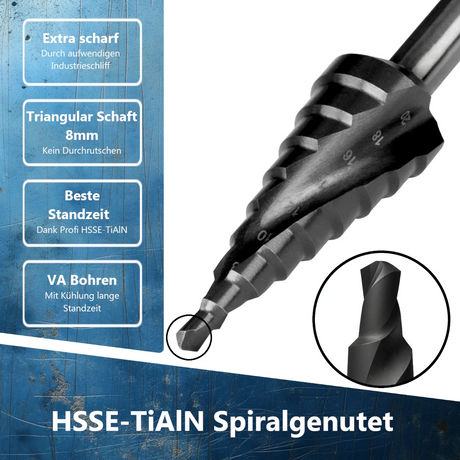 Detailansicht der Spiralnut des HSSE-TiAlN Stufenbohrers für optimalen Spanabtransport und schnellen Bohrfortschritt.