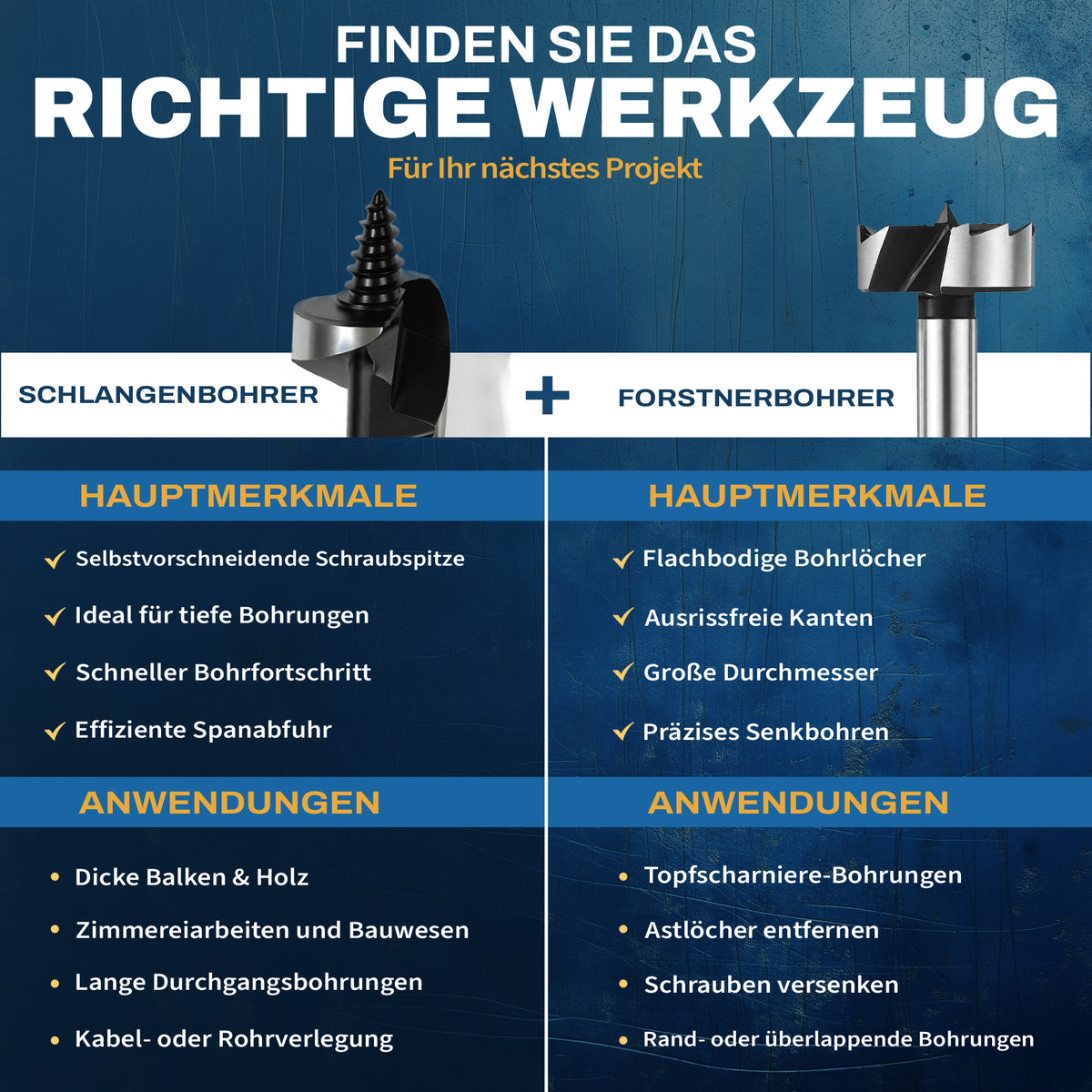 Vergleich von Schlangenbohrer und Forstnerbohrer mit Merkmalen und Anwendungen beim Holzbohren.