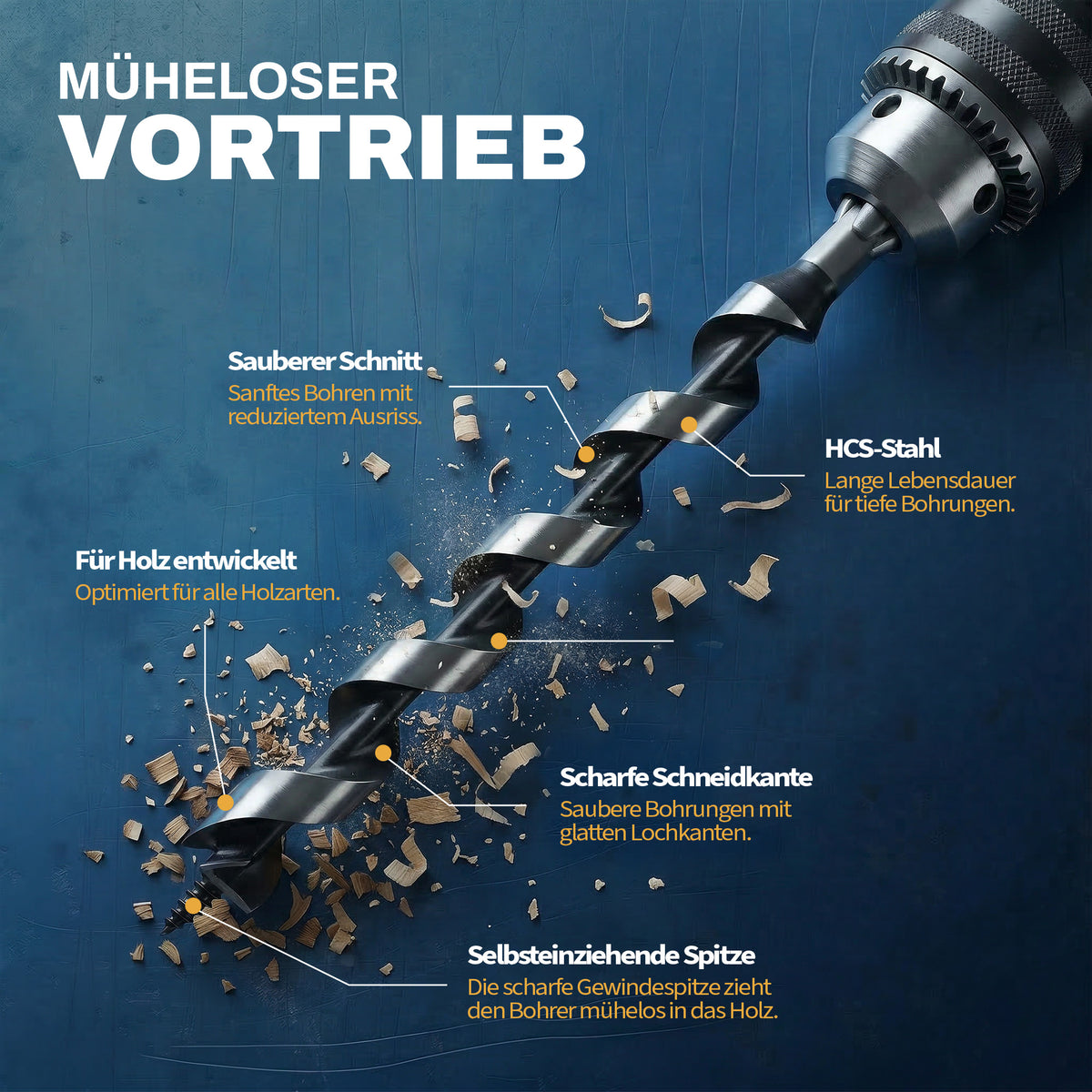 Kurzer AM Schlangenbohrer mit selbstziehender Spitze, HCS-Stahl und scharfer Schneide für Holz.