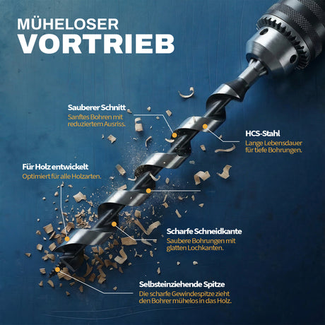 Kurzer AM Schlangenbohrer mit selbstziehender Spitze, HCS-Stahl und scharfer Schneide für Holz.