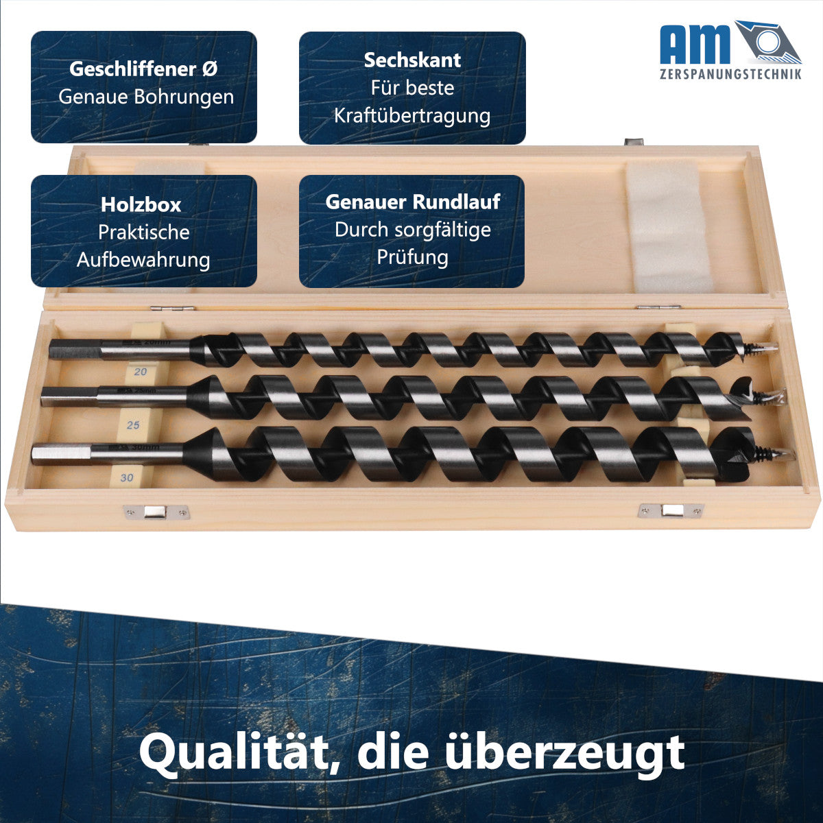 Geordnetes 3-teiliges Balkenbohrer-Set in der passgenauen Holz-Aufbewahrungsbox.