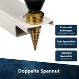 Präzises Bohren in ein Metallprofil mit einem gerade genuteten HSS-TiN Stufenbohrer mit doppelter Spannut.