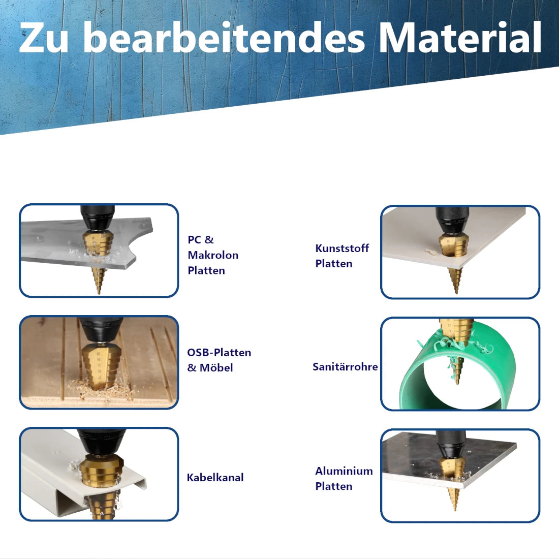 Übersicht der Anwendungsbereiche für Heimwerker-Stufenbohrer, wie Kunststoff, dünnes Blech und Holz.