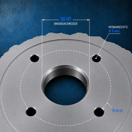Präzisionsaufnahme mit 30 H7 Bohrung, Mitnehmerstiften Ø6 mm und Teilkreis Ø42 mm