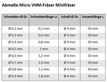 Lade das Bild in den Galerie-Viewer, Micro Fräser VHM Minifräser 0,2 - 0,9mm für NE-Metalle
